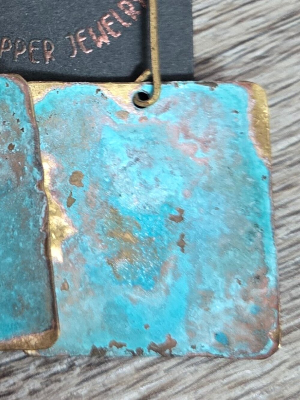 Metal Tree Studio Artisan Brass Turquoise Patina Square Earrings - Picture 5 of 6
